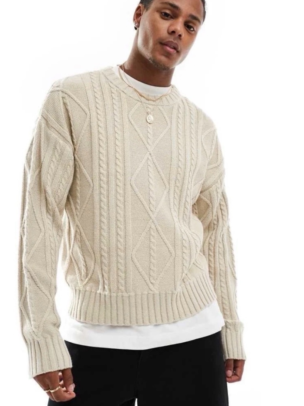 Cotton On Men Cable Knit Crew Neck Sweater Stone Marle Cable Size XXL NEW